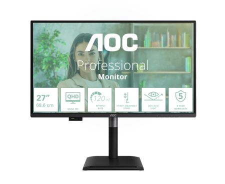 Монитор AOC Q27P4U, 27" IPS WLED, 2560x1440@120Hz, 4ms GtG, 350cd m2, 1500:1, DCR 50M:1, Adaptive Sync, FlickerFree, Anti Blue Light, 2Wx2, Tilt, Height Adjust, Pivot, Swivel, 2xHDMI, DP, USB hub