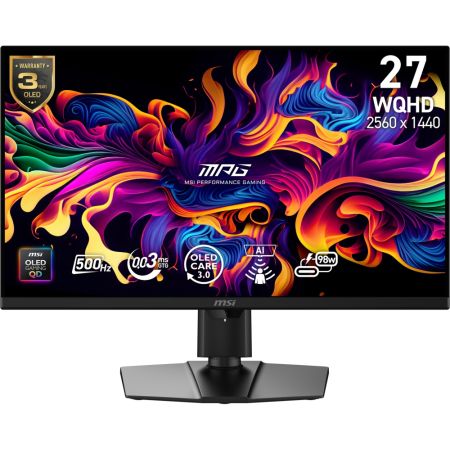 Монитор MSI MPG 271QR QD-OLED X50 Gaming Monitor, 26.5", 0.03ms, 500Hz, 2560x1440, G-SYNC, AMD FreeSync Premium Pro, AI Vision, Console Mode, ClearMR 21000, HDR True Black 500, Type-C(98W PD), DP(2.1a), 2xHDMI(2.1), USB Hub, Pivot, Heigh Adj., VESA, Black