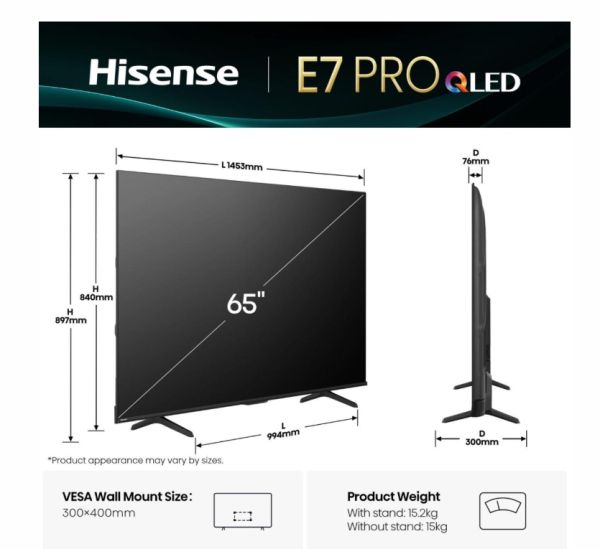 Телевизор Hisense 65" E7Q Pro, 4K Ultra HD 3840x2160, QLED, Quantum Dot, 144Hz, HDR 10+ adaptive, HLG, Dolby Vision, DTS Virtual X, Smart TV, WiFi 5GHz, WiFi Direct, BT, Anyview Cast, 4xHDMI, 2xUSB, LAN, CI+, DVB-T2/C/S2, Black