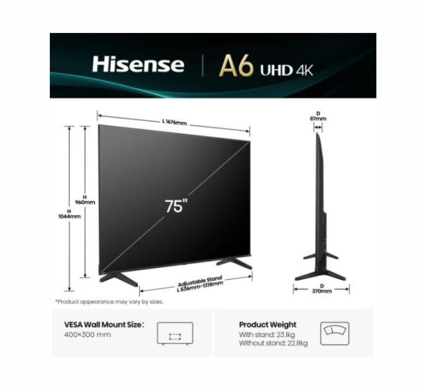 Телевизор Hisense 75" A6Q, 4K Ultra HD 3840x2160, DLED, DFA, Precision Colour, HDR 10+, HLG, Dolby Vision,Light sensor, Smart TV, WiFi, BT, AnyView Cast, Gaming Mode, 1xHDMI2 eArc, 3xHDMI, 2xUSB, LAN, CI+, DVB-T2/C/S2, Black