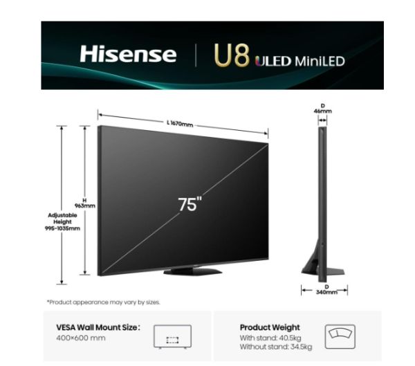 Телевизор Hisense 75" U8Q, 4K Ultra HD 3840x2160, Mini Led Pro, FALD, Quantum Dot, 165Hz, IPS, HDR 10+, HLG, Dolby Vision IQ, Dolby Atmos, Smart TV,Light Sensor,WiFi 5GHz, WiFi Direct, BT, Anyview Cast, 3xHDMI, 2xUSB, LAN, CI+, DVB-T2/C/S2, Black