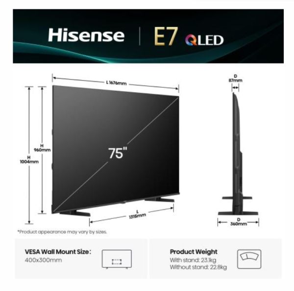 Телевизор Hisense 75" E7Q, 4K Ultra HD 3840x2160, QLED, Quantum Dot, HDR 10+, HLG, Dolby Vision, DTS Virtual X, Smart TV, Light Sensor, WiFi Direct, BT, Anyview Cast, 3xHDMI, 2xUSB, LAN, CI+, DVB-T2/C/S2, Black