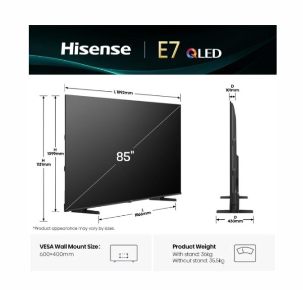 Телевизор Hisense 85" E7Q, 4K Ultra HD 3840x2160, Quantum Dot, 60Hz, Light Sensor,IPS, HDR 10+, HLG, Dolby Vision IQ, Dolby Atmos, Smart TV, WiFi 5GHz, WiFi Direct, BT, Anyview Cast, 3xHDMI, 2xUSB, LAN, CI+, DVB-T2/C/S2, Black