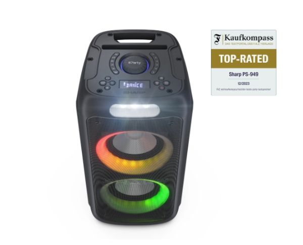 Тонколони Sharp Speakers PS-949, XPARTY STREET BEAT  2 x 8" woofers + horn tweeter, max power output 132 W, 12 h play time by built in battery, True wireless Stereo, USB Music playback and charging, DJ FX, BT 5.0, 2 x Mic/Guitar inputs, Splashproof (IPX4)