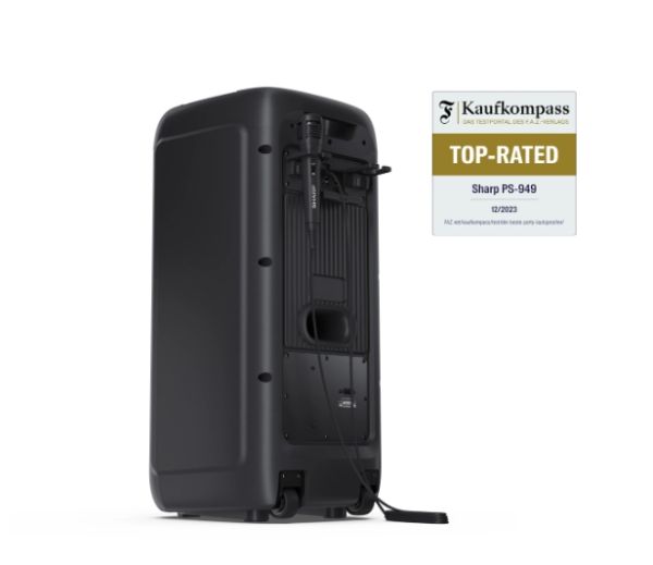 Тонколони Sharp Speakers PS-949, XPARTY STREET BEAT  2 x 8" woofers + horn tweeter, max power output 132 W, 12 h play time by built in battery, True wireless Stereo, USB Music playback and charging, DJ FX, BT 5.0, 2 x Mic/Guitar inputs, Splashproof (IPX4)