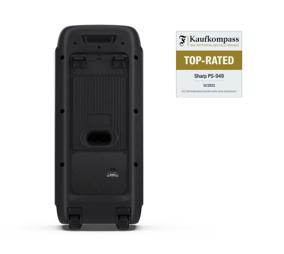 Тонколони Sharp Speakers PS-949, XPARTY STREET BEAT  2 x 8" woofers + horn tweeter, max power output 132 W, 12 h play time by built in battery, True wireless Stereo, USB Music playback and charging, DJ FX, BT 5.0, 2 x Mic/Guitar inputs, Splashproof (IPX4)