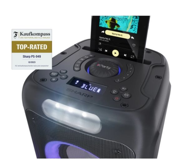 Тонколони Sharp Speakers PS-949, XPARTY STREET BEAT  2 x 8" woofers + horn tweeter, max power output 132 W, 12 h play time by built in battery, True wireless Stereo, USB Music playback and charging, DJ FX, BT 5.0, 2 x Mic/Guitar inputs, Splashproof (IPX4)