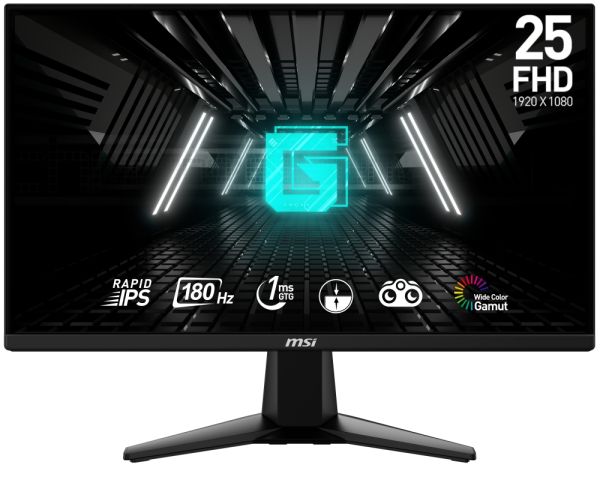 Монитор MSI G255F, 24.5", Rapid IPS, 180Hz, 1ms, 1920x1080 FHD, Anti-glare, Adaptive-sync, Night Vision, Frameless, Anti-Flicker, Less Blue Light, 300 nits, 1000:1, 100M:1, 1x Display Port (1.2a), 2x HDMI (2.0b), Headphone out, Tilt, FRAMELESS, 3.24 kg