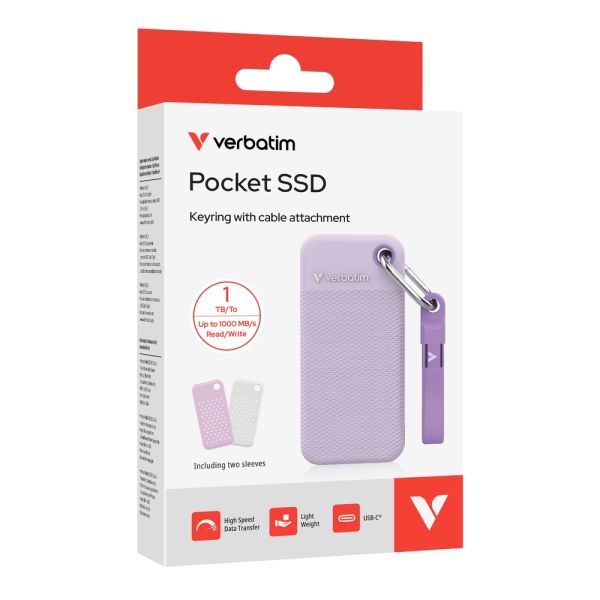 Твърд диск Verbatim Pocket SSD USB 3.2 Gen 2 1TB Purple incl. two rubber sleeves