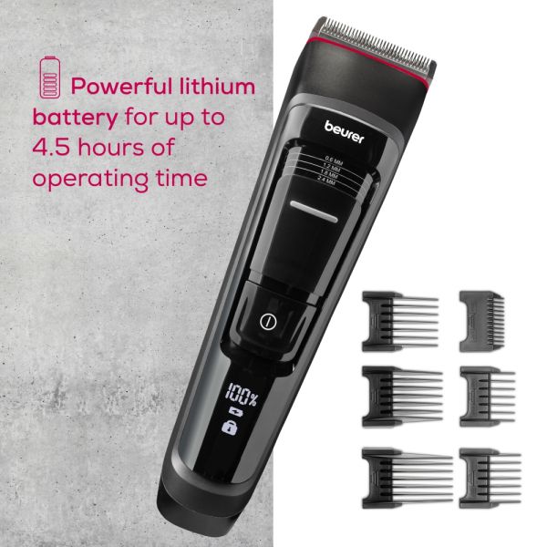 Машинка за подстригване Beurer MN5X hair clipper, 7 Attachments, 6 adjustable cutting lengths and 4-stage fine adjustment, LED display with battery display, Battery and mains operation, travel lock display and charge display, storage bag