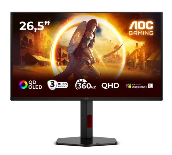 Монитор AOC Q27G4SDR, 26.5" QD-OLED, 2560x1440@360Hz, 0.03ms GtG, 1000cd m/2, 1.5M:1, Adaptive Sync, FlickerFree, Low Blue Light, Tilt, Height Adjust, Pivot, Swivel, 2xHDMI, DP, USB hub
