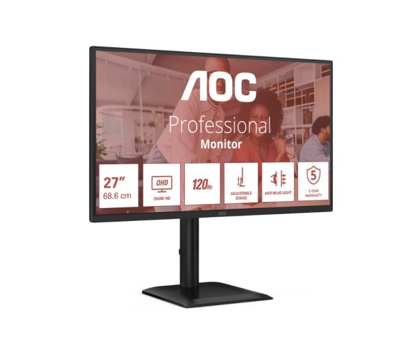 Монитор AOC Q27E4U, 27" IPS WLED, 2560x1440@120Hz, 4ms GtG, 350cd m/2, 1500:1, 20M:1 DCR, Adaptive Sync, FlickerFree, Anti Blue Light, 2Wx2, Tilt, Height Adjust, Pivot, Swivel, HDMI, DP, USB Hub