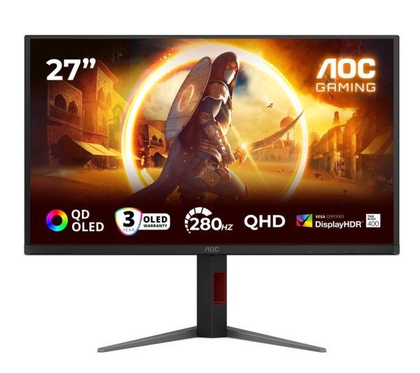 Монитор AOC Q27G4ZD, 27" QD-OLED, 2560x1440@280Hz, 0.03ms GtG, 1.5M:1, 1000cd m/2, Adaptive Sync, FlickerFree, Anti Blue Light, Tilt, Height Adjust, Pivot, Swivel, 2xHDMI, DP, USB hub