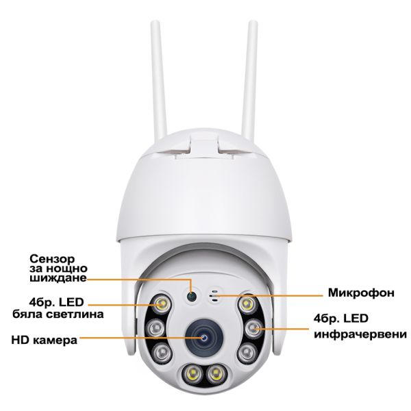 WiFi PTZ камера Cobra A0012, 5MP, 360° въртяща, IP66, двупосочно аудио, iCSee, microSD 8-128GB