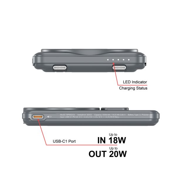 Външна батерия Verbatim Charge 'n' Go 2C Power Bank Magnetic Wireless 5000mAh with 2 USB-C Cables & Stand Grey