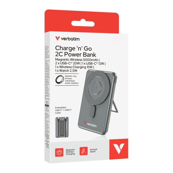 Външна батерия Verbatim Charge 'n' Go 2C Power Bank Magnetic Wireless 5000mAh with 2 USB-C Cables & Stand Grey