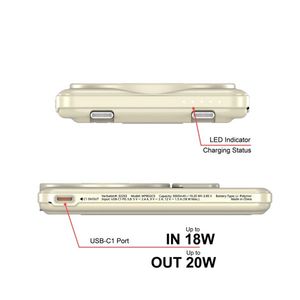 Външна батерия Verbatim Charge 'n' Go 2C Power Bank Magnetic Wireless 5000mAh with 2 USB-C Cables & Stand Gold