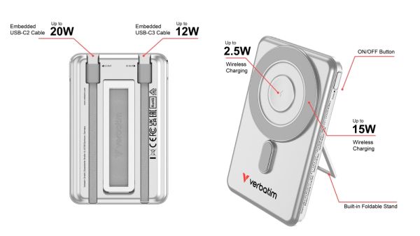 Външна батерия Verbatim Charge 'n' Go 2C Power Bank Magnetic Wireless 5000mAh with 2 USB-C Cables & Stand Silver