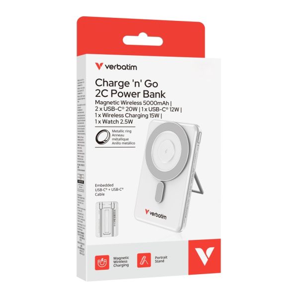 Външна батерия Verbatim Charge 'n' Go 2C Power Bank Magnetic Wireless 5000mAh with 2 USB-C Cables & Stand Silver