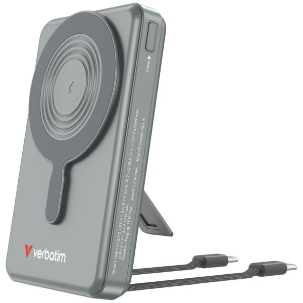 Външна батерия Verbatim Power Bank Magnetic Wireless 10.000 mAh C+C Display Grey