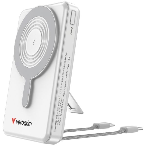 Външна батерия Verbatim Power Bank Magnetic Wireless 10.000 mAh C+C Display Silver