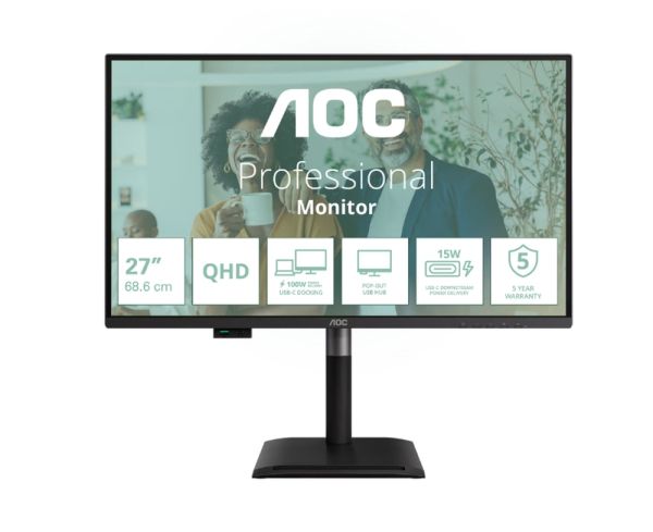 Монитор AOC Q27P4CV, 27" IPS WLED, 2560x1440@120Hz, 4ms GtG, 350cd m/2, 1500:1, 50M:1 DCR, Adaptive Sync, FlickerFree, Anti-Blue Light, 2Wx2, Tilt, Height Adjust, Pivot, Swivel, HDMI, DP, USB hub, RJ45