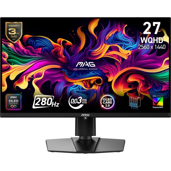 Монитор MSI MAG 271QP QD-OLED X28 Gaming Monitor, 26.5", 0.03ms, 280Hz, 2560x1440, G-SYNC, AMD FreeSync Premium Pro, AI Vision, Console Mode, ClearMR 15000, HDR True Black 400, Type-C(15W PD), DP(1.4a), 2xHDMI(2.1), Pivot, Heigh Adj., VESA 100, Black, 8.2