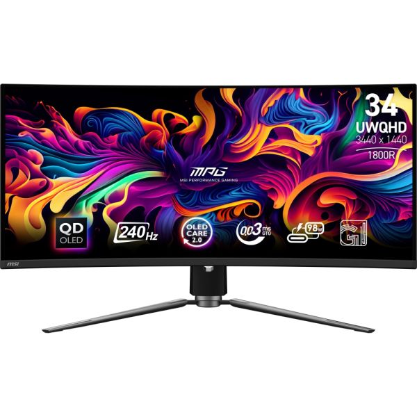 Монитор MSI MPG 341CQPX QD-OLED Gaming Monitor, 34", 0.03ms, 240Hz Curve 1800R, 3440x1440, G-SYNC, KVM, AI Vision, Console Mode, ClearMR 13000, HDR True Black 400, Type-C(98W PD), DP(1.4a), 2xHDMI(2.1), USB Hub, Heigh Adj., VESA 100, Black, 8.8kg