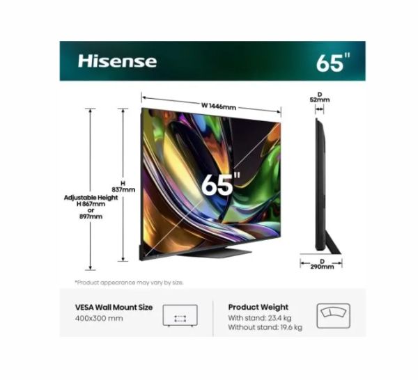 Телевизор Hisense 65" UR8S, 4K Ultra HD 3840x2160, RGB Mini Led , DLED, Quantum Dot, 180Hz, IPS, HDR 10+, HLG, Dolby Vision IQ, Dolby Atmos, Smart TV,Light Sensor,WiFi 6eGHz, WiFi Direct, BT,2x10 W + 20 W + 2x5 W, Anyview Cast, 4xHDMI, 2xUSB, LAN, CI+, DV