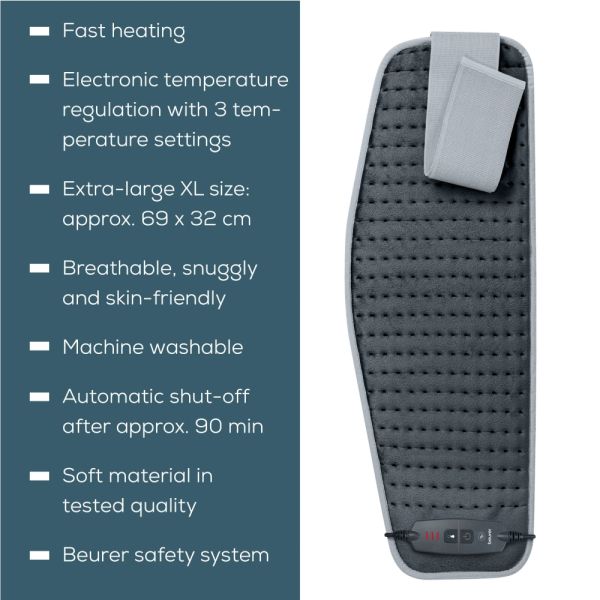 Термоподложка Beurer HK 60 Cosy Grey Abdominal & Back Heat Pad; 3 temperature settings; auto switch-off after 90 min; washable on 30°;Fast heating; Fleece fibre;BSS;69(L)x28(W) cm: Max waist 102sm