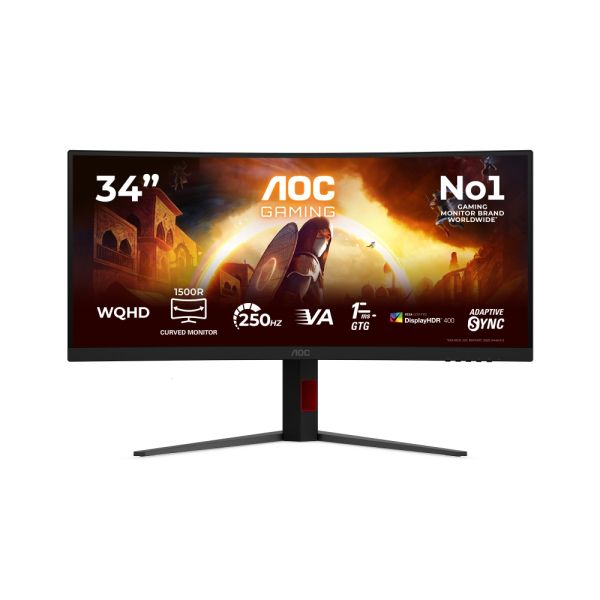 Монитор AOC CU34G4ZCA, 34" Curved 1500R, Fast VA, WLED, 3440x1440@250Hz, 1ms GtG, 0.3ms MPRT, 450cd m/2, 3000:1, Adaptive Sync, FlickerFree, Low Blue Light, Tilt, Height Adjust, Swivel, 2xHDMI, DP, USB hub