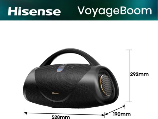 Аудио система Hisense, VoyageBoom, Party speaker 2.0 Ch., 360W, BT, 24h play,IP67 Water and Dust Proof,Ambient Light,Dual-way Strap,Built-in Powerbank,Dual-level Bass Boost,Black