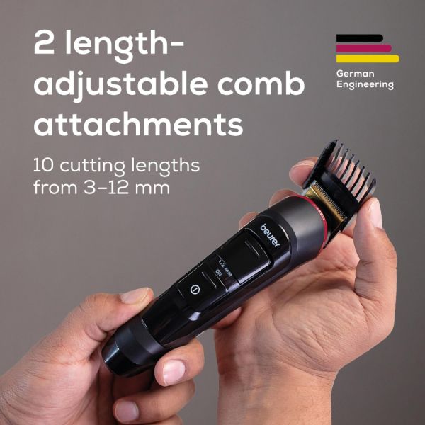 Машинка за подстригване Beurer MN4X beard styler, 2 Attachments, slim titanium contour blade, Battery and mains operation, LED display, 10 cutting lengths, 2 comb attachments with length adjustment: 3-7 and 8-12 mm,Water-resistant