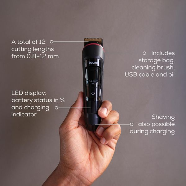 Машинка за подстригване Beurer MN4X beard styler, 2 Attachments, slim titanium contour blade, Battery and mains operation, LED display, 10 cutting lengths, 2 comb attachments with length adjustment: 3-7 and 8-12 mm,Water-resistant
