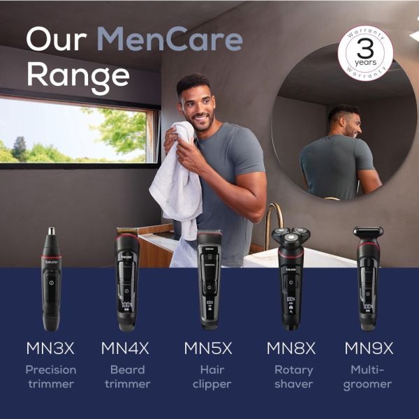 Машинка за подстригване Beurer MN4X beard styler, 2 Attachments, slim titanium contour blade, Battery and mains operation, LED display, 10 cutting lengths, 2 comb attachments with length adjustment: 3-7 and 8-12 mm,Water-resistant