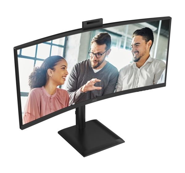 Монитор AOC CU34E4CW, 34" Curved 1500R, VA, WLED, 3440x1440@120Hz, 4ms GtG, 1ms MPRT, 350cd m/2, 3500:1, 50M:1 DCR, Adaptive Sync, FlickerFree, Anti-Blue Light, 5Wx2, Webcam 5MP, Tilt, Height Adjust, Swivel, 2xHDMI, DP, USB hub, KVM, RJ45