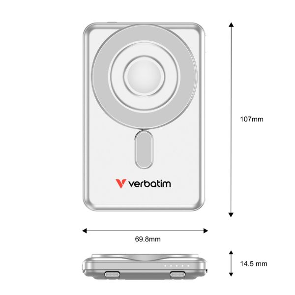Външна батерия Verbatim Charge 'n' Go 2C Power Bank Magnetic Wireless 5000mAh with 2 USB-C Cables & Stand Silver
