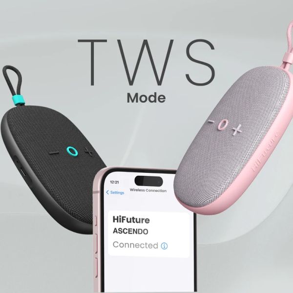 Тонколони HiFuture ASCENDO Black, Bluetooth 5.3, IPX7 Waterproof, 20W Output, Pair to Play (TWS Mode), Up to 15 Hours Playtime, Built in 2-in-1 Amplifier