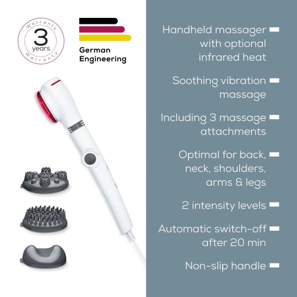 Масажор Beurer MG 44 infrared massager; Soothing vibration massage; Rotating massage head and 3-way adjustable handle; Infrared heat; 3 function levels; 4 interchangeable massage attachments