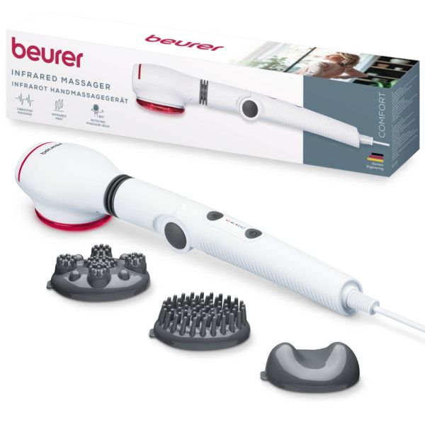 Масажор Beurer MG 44 infrared massager; Soothing vibration massage; Rotating massage head and 3-way adjustable handle; Infrared heat; 3 function levels; 4 interchangeable massage attachments