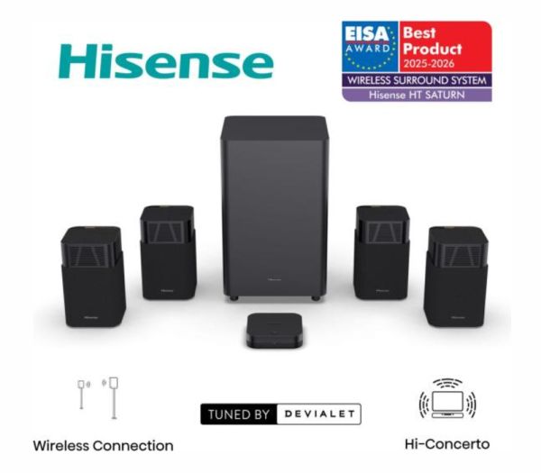 Аудио система Hisense HT Saturn, 4.1.2Ch Sound Bar with Wireless Subwoofer, 720W, Dolby Atmos, Tuned by Devialet , DTS:X,Quad Satellite Speakers , Black