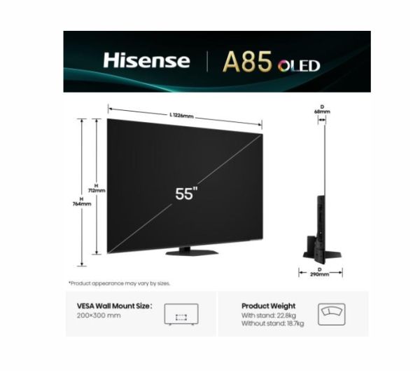 Телевизор Hisense 55" A85Q, 4K UHD OLED Smart TV, 120Hz, 1000 nits,HDMI 2.1, Game Mode Pro, AMD FreeSync Premium, Dolby Vision IQ & Atmos, Bluetooth, Alexa Built-in, Black