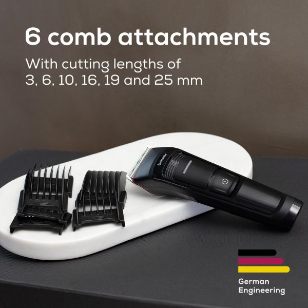 Машинка за подстригване Beurer MN5X hair clipper, 7 Attachments, 6 adjustable cutting lengths and 4-stage fine adjustment, LED display with battery display, Battery and mains operation, travel lock display and charge display, storage bag