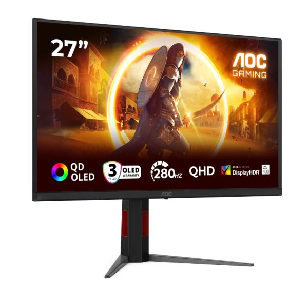 Монитор AOC Q27G4ZD, 27" QD-OLED, 2560x1440@280Hz, 0.03ms GtG, 1.5M:1, 1000cd m/2, Adaptive Sync, FlickerFree, Anti Blue Light, Tilt, Height Adjust, Pivot, Swivel, 2xHDMI, DP, USB hub