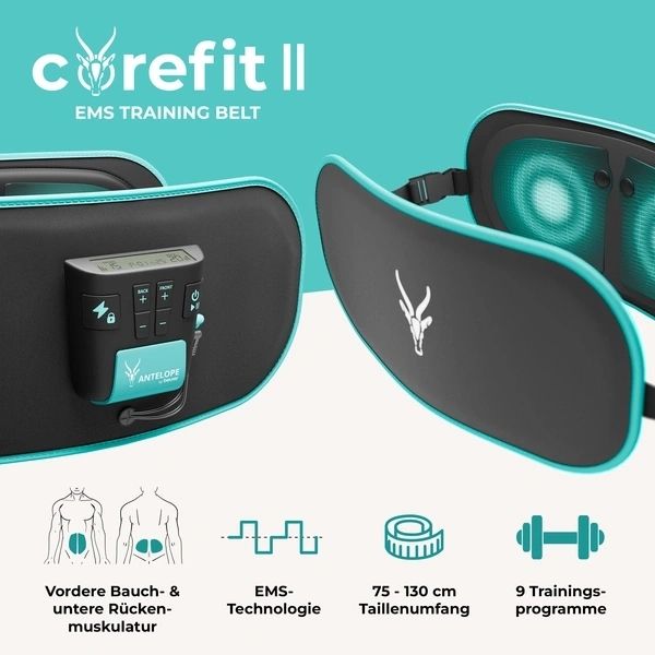 Масажор Beurer Antelope Corefit II,  2 in 1 EMS belt for core abdominal muscles and lower back muscles; Electrodes: 2x stomach, 2x back; 9 training programs; adjustable intensity /0-40/; abdominal circumferences of 75-130 cm