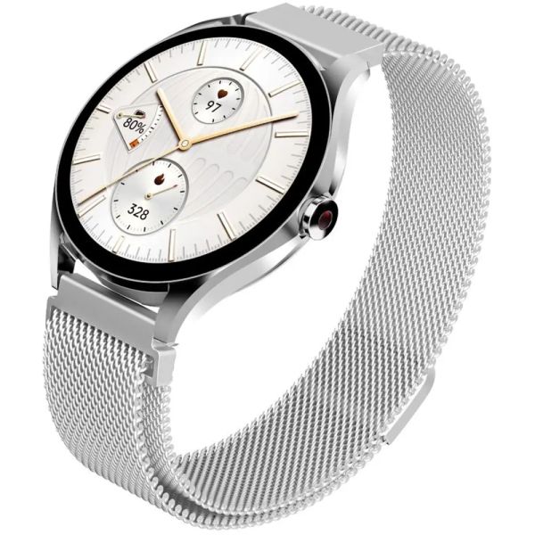 Часовник HiFuture Aura2 Silver, 1.32 "AMOLED, Powered by Dual Core, Metallic Frame, Bluetooth Call, 3D User Interface, 1ATM Waterproof, 24/7 True Heart Rate & Blood Oxygen Sensor, 100+ Sports Mode, Up to 7 days daily use, Extra Silicone Strap inbox