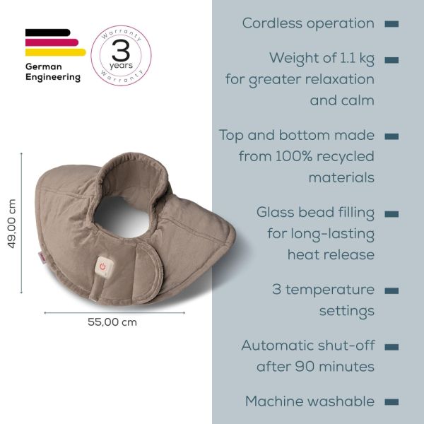 Термоподложка Beurer HK 165 Huggy Taupe Shoulder heat pad; Soft & cosy material; lithium-ion battery; Soothing heat for up to 4 h; Machine-washable at 30°C; 3 temp. settings