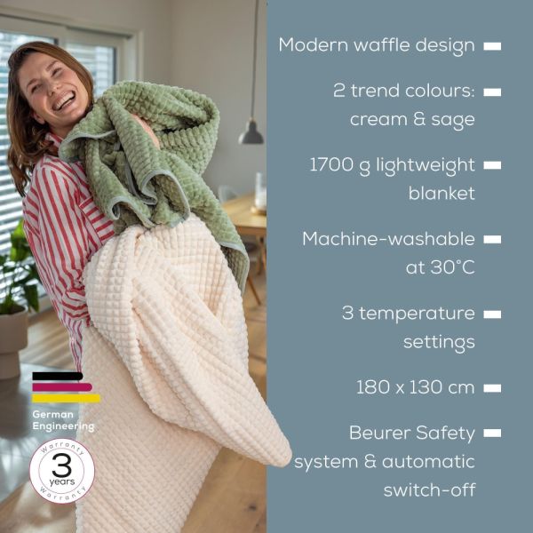 Термоподложка Beurer HD 72 Waffle Sage Green Heated overblanket; Soft and cuddly surface; Machine-washable at 30°C; 3 temp. settings; 1.7kg. Lightweight blanket