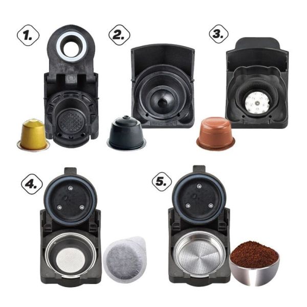 Кафемашина Elekom EK-506 5в1 – мултифункционална, 1450 W, 19 bar, капсули Nespresso/Dolce Gusto/Lavazza Blue, мляно кафе и кафе торбички