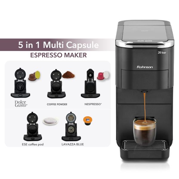 Мултикапсулна кафемашина Rohnson R-98055 – 20 bar, 1.5 L резервоар, 7 програми, Nespresso/Dolce Gusto/Lavazza Blue/ESE/мляно кафе